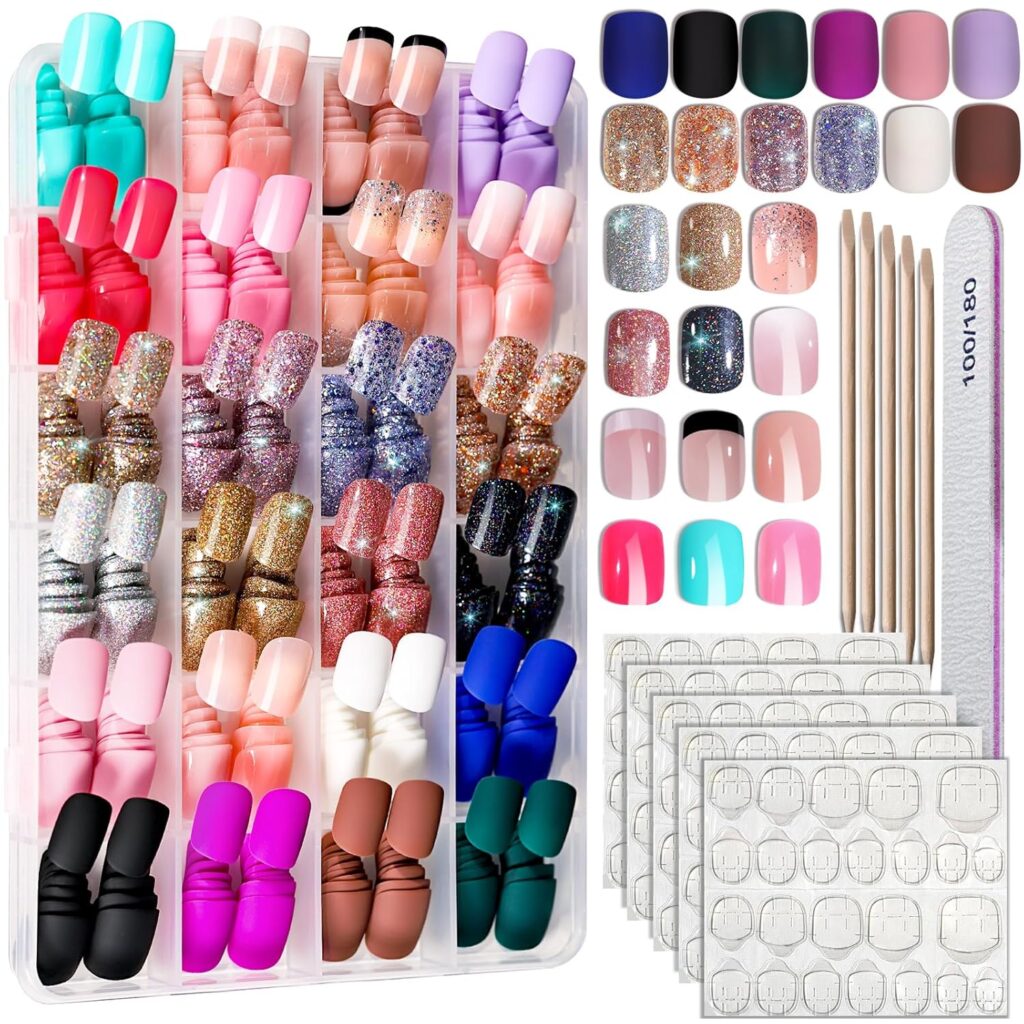 FANDAMEI Press on Nails, 24 Colors 576PCS Press on Nails Short Square Matte Glossy. Glitter Nails Short Round. Natural Fit Lightweight Fake Nails Natural