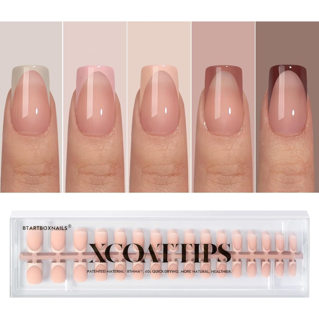 BTArtboxnails XCOATTIPS French Tip Press on Nails - Fall Fake Nail Short Square Nail Tips, Skin Tones Soft Gel Nails False Nail, Soak Off Acrylic Nails